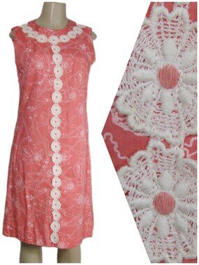 VTG 60s 70s MOD Floral Coral Pink Retro Tropical Mad Men Shift Summer Dress S M